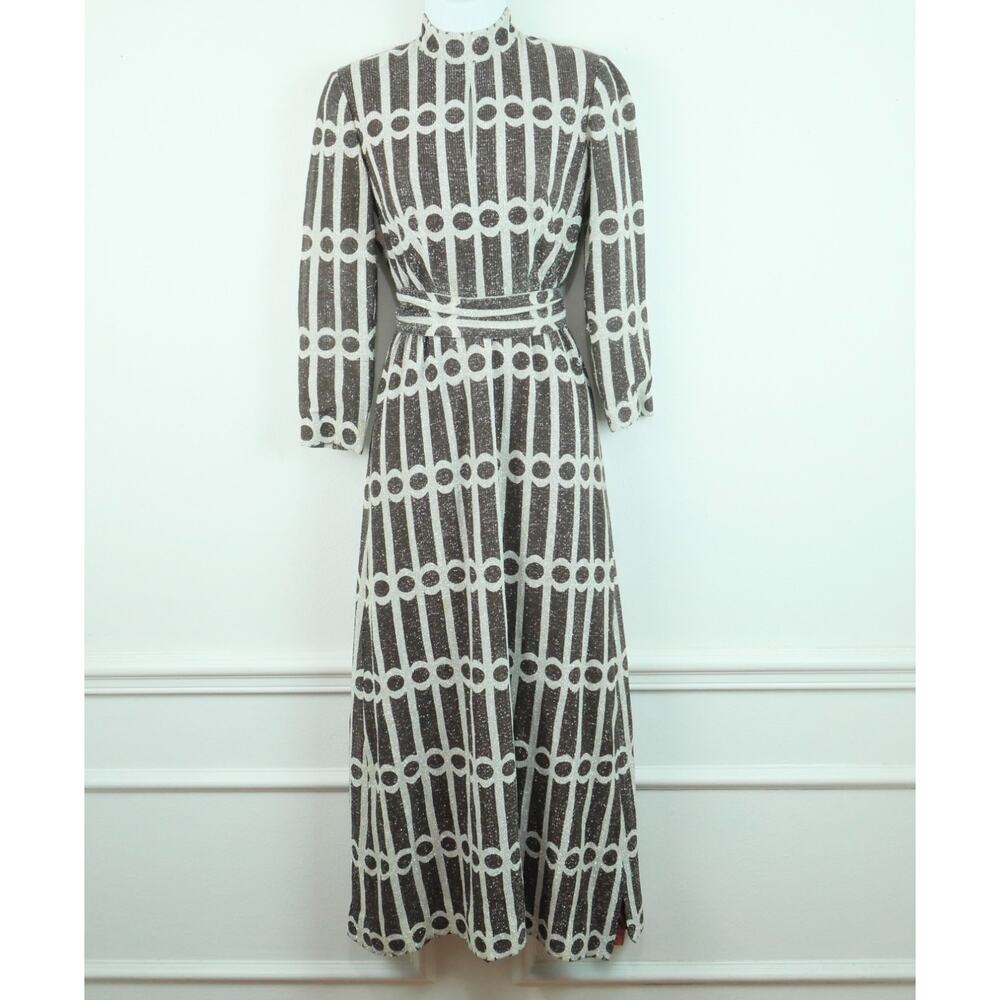 Vintage 60s Hostess Dress Metallic Sparkle Maxi Retro Glam XS S 70s Geometric